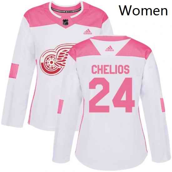Womens Adidas Detroit Red Wings 24 Chris Chelios Authentic WhitePink Fashion NHL Jersey